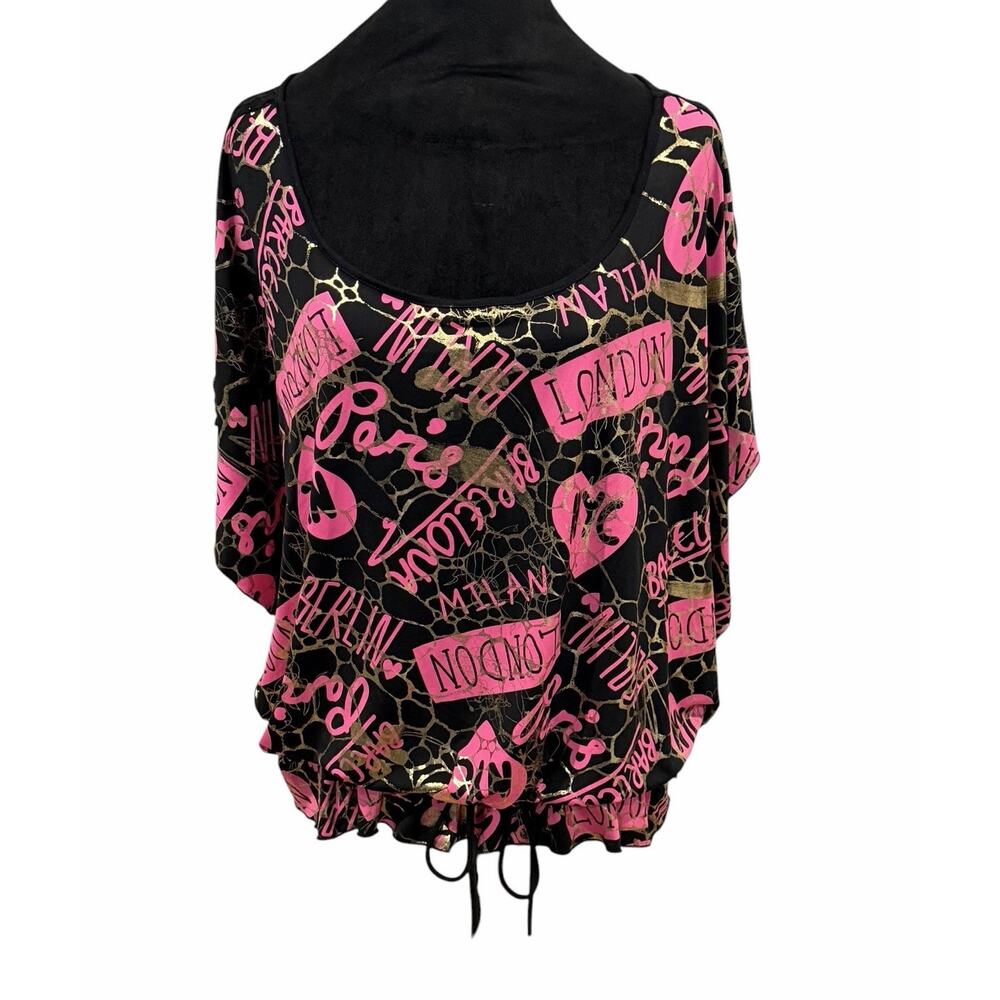 Caren Sport Black Pink Gold Bubble Hem Top Women’s 2X City Graphics Lace Y2K - Picture 5 of 16